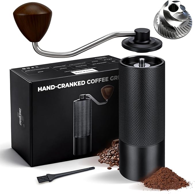Manual Coffee Grinder, Stainless-Steel Burr Hand Crank, Adjustable Grind for Espresso, Pour Over, French Press, Quiet Portable Travel Coffee Bean Grinder, Easy Clean (Black)