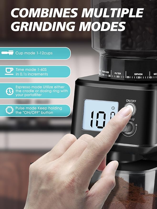 Homtone Conical Burr Espresso Coffee Grinder, 51 Precise Settings, Electric Mill with Portafilter Holder, 2-12 Cups Adjustable, Anti-static, Stainless Steel, 120V