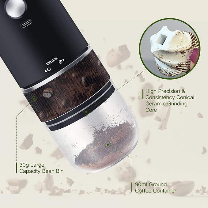 Portable Burr Coffee Grinder, Rechargeable Electric Coffee Bean Grinder with Adjustable Coarseness, Cordless Small Espresso Coffee Mill for Home Use, Travel, Camping, Office (Black)