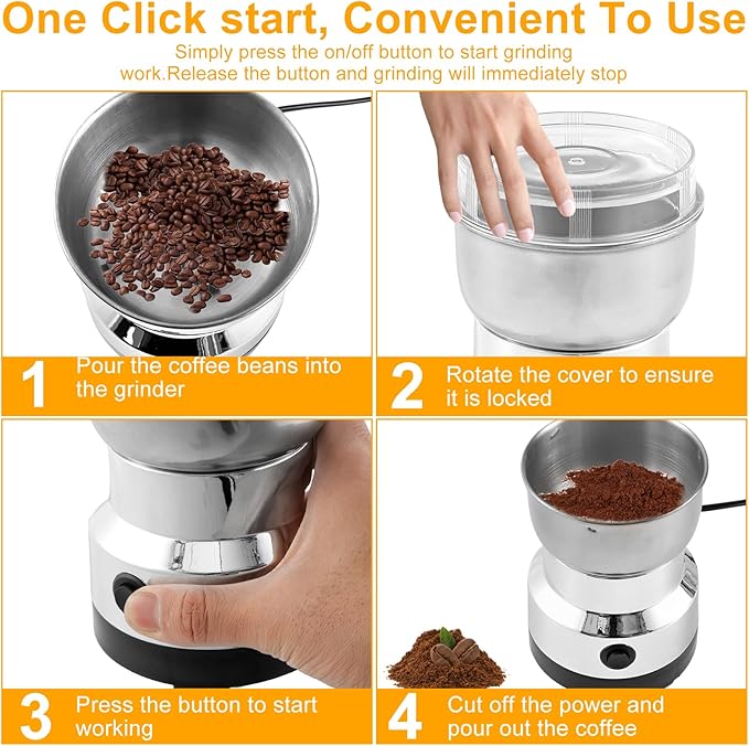 Coffee Grinder, Electric Automatic Grinder with with 4 Stainless Steel Blades 300ml Coffee Mill Grinder One Button Use Coffee Bean Portable Electric for Rice Seeds