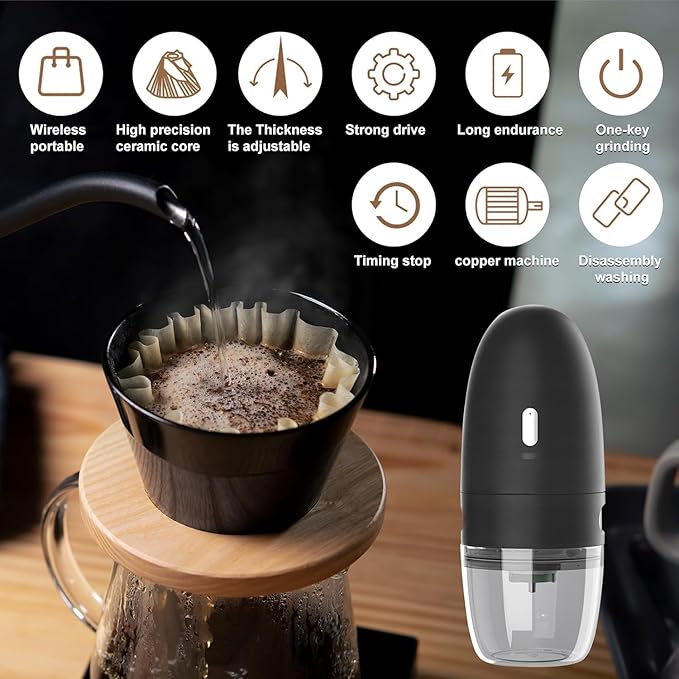 Electric Coffee Grinder, Conical Burr, Adjustable Grind Settings | Portable USB-C Rechargeable, for Espresso, French Press, Cold Brew, Travel & Home, Black