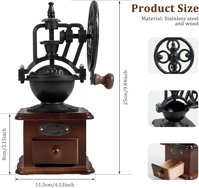 Manual Coffee Grinder, Mini Hand Coffee Grinder, Ceramic Burr Coffee Bean Mill with Hand Crank for Home Use, Travel, Camping, Pour Over, etc, 5 Adjustable Settings, Vintage Wooden Coffee Decor