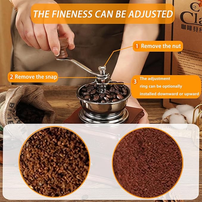 Retro style wooden handcrafted coffee grinder, ceramic hand-cranked crank, wooden handcrafted coffee grinder cleaning brush, coffee measuring spoon, dust cover (7.4 x 3.3 x 6.2 inches)