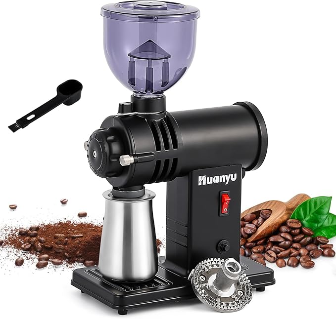 Huanyu 78mm Stainless Steel Ghost Teeth Burr Coffee Grinder Electric - Light-Shielding Hopper for Home Pour Over Coffee, Black