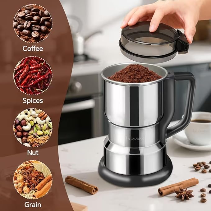 Lalayuan Electric Coffee Grinder, Stainless Steel, One-Button Operation, Spice and Coffee Bean Grinder