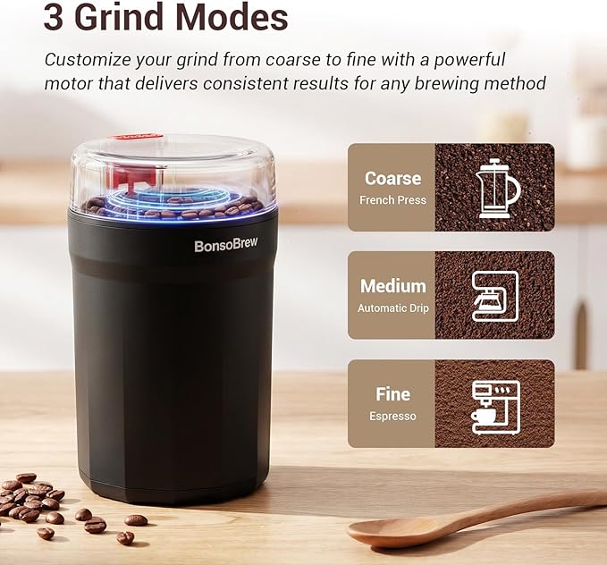 Electric Coffee Grinder, 180W Coffee and Spice Grinder for Coffee Beans, Herbs, Grains, Seeds - One Touch Safety Lid with Stainless Steel Blades - 2.5oz Capacity Includes Cleaning Brush