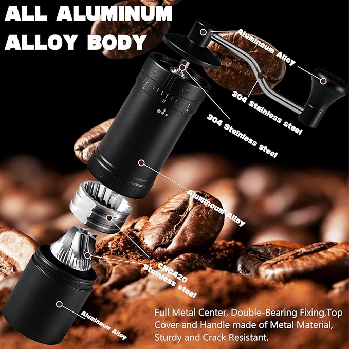 Manual Coffee Grinder-7 Star Stainless Steel Burr Capacity 25g, External Adjustable Setting Portable Hand Coffee Grinder for Camping,All Aluminum Alloy Body Coffee Grinder Manual for Espresso