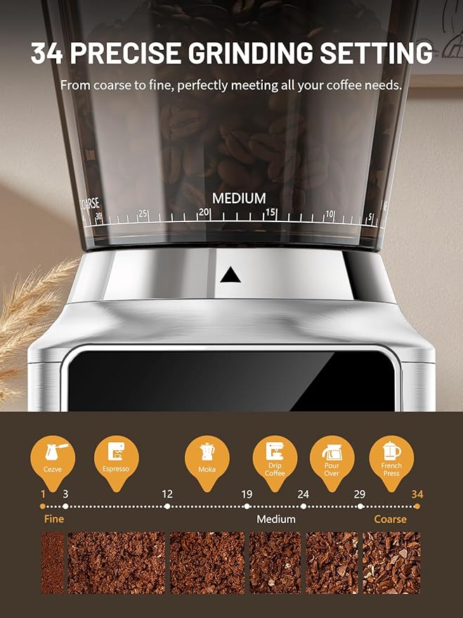 Keenstar Conical Burr Coffee Grinder, Coffee Bean Grinder with 34 Grind Settings for Home Use, Precision Timer, Touchscreen, Anti-static, Stainless Steel