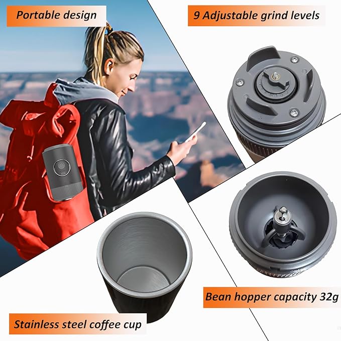 Portable Electric Burr Coffee Grinder and Brewing Combo - Rechargeable with Conical Mill & Insulated Stainless Steel Cup for Camping, Travel, Office and Outdoor Use (black)