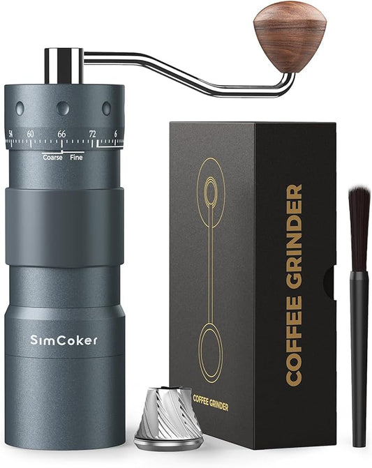 Manual Coffee Grinder with 16μm External Adjustment, Precision Espresso & Pour Over Grinder, CNC Stainless Steel Conical Burr, Drill-Compatible Aluminum Body, Portable Coffee Grinder, Grey
