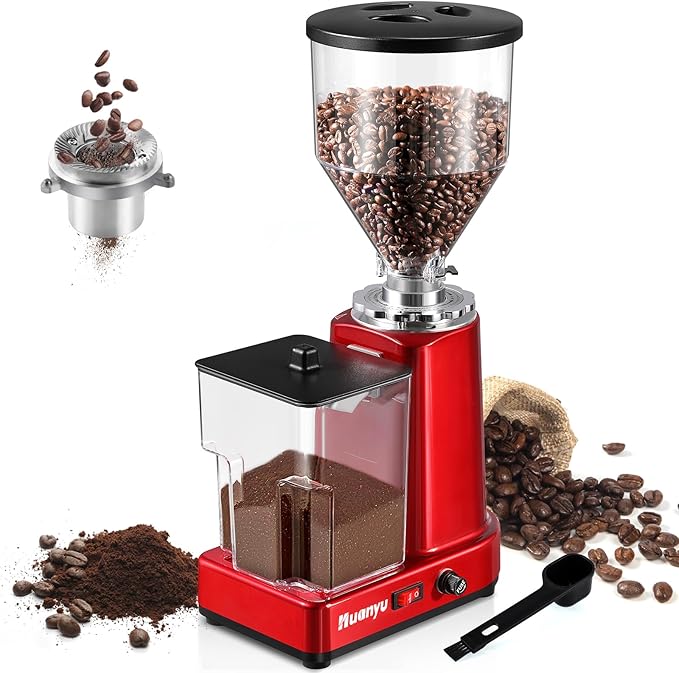 Huanyu Flat Burr Coffee Grinder with 19 Grinding Settings Bulk Electric Coffee Bean Grinder Adjustable Large Capacity 35oz Red