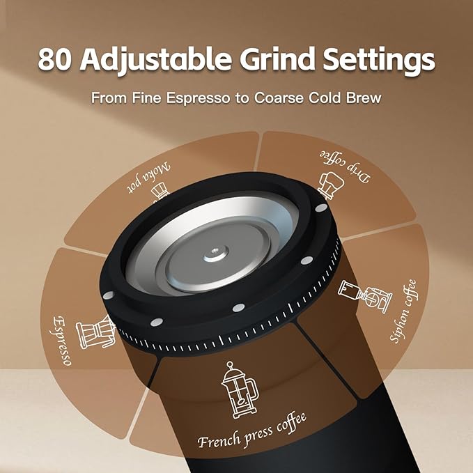Portable Coffee Grinder, Rechargeable Cordless Conical Burr, Coffee Bean Grinder Electric with Stainless Steel Burrs, 80 Grind Settings, Espresso Grinder for Home Brewing & Travel Use