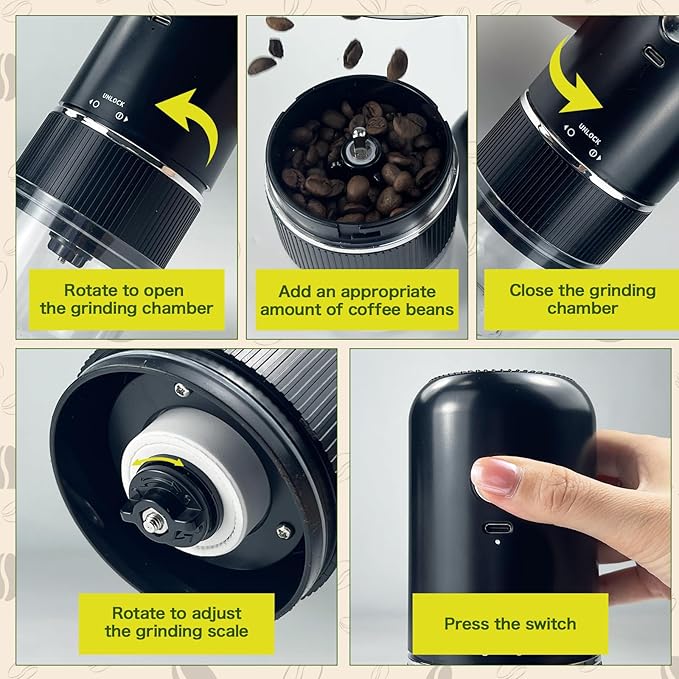 Portable Burr Coffee Grinder, Rechargeable Electric Coffee Bean Grinder with Adjustable Coarseness, Cordless Small Espresso Coffee Mill for Home Use, Travel, Camping, Office (Black)