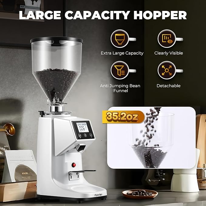 Coffee Grinder with Flat Burr, 19 Grind Settings and Digital Timer Display, Commercial Coffee Grinder with Large 35oz Hopper