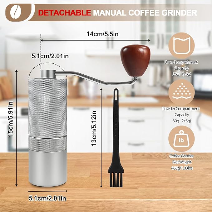 Detachable Manual Coffee Grinder with 25 Level Stainless Steel Conical Burr Portable Aluminum Coffee Bean Grinder Suitable for Moka Pot Espresso French Press Pour Over Maker Easy Cleaning with Brush