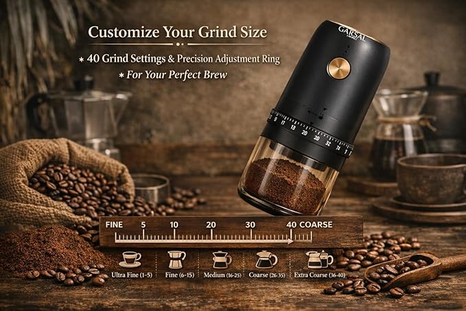 Garsal home. Electric Burr Coffee Grinder with 40 Grind Settings, Stainless Steel Conical Blades, Digital Measuring Spoon, USB-C Rechargeable Battery.