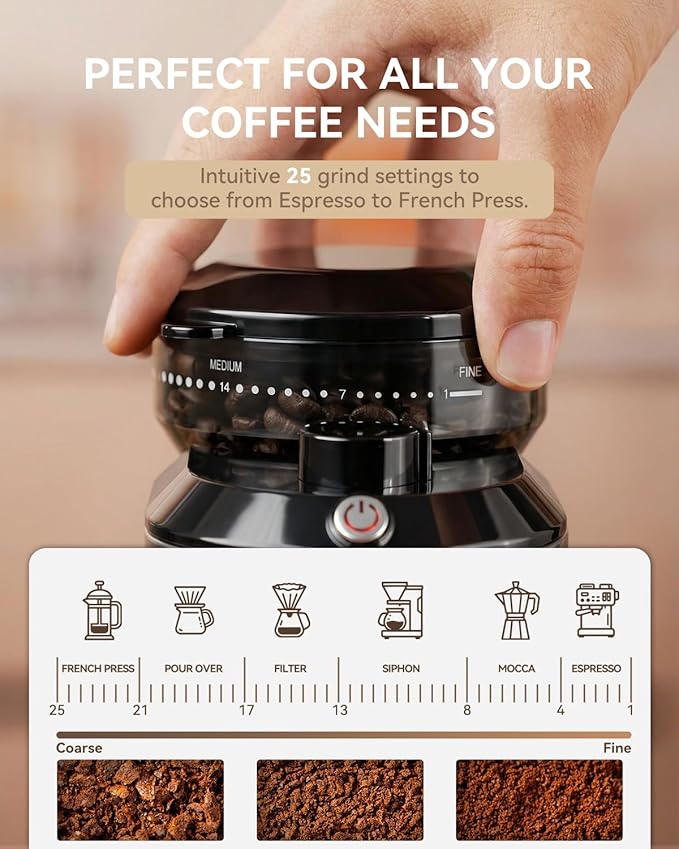 Burr Coffee Grinder, Stainless Steel, 25 Grind Settings, Anti-static, 1-10 Cup Capacity For Espresso, French Press & Drip Coffee CG-L088 (Black)