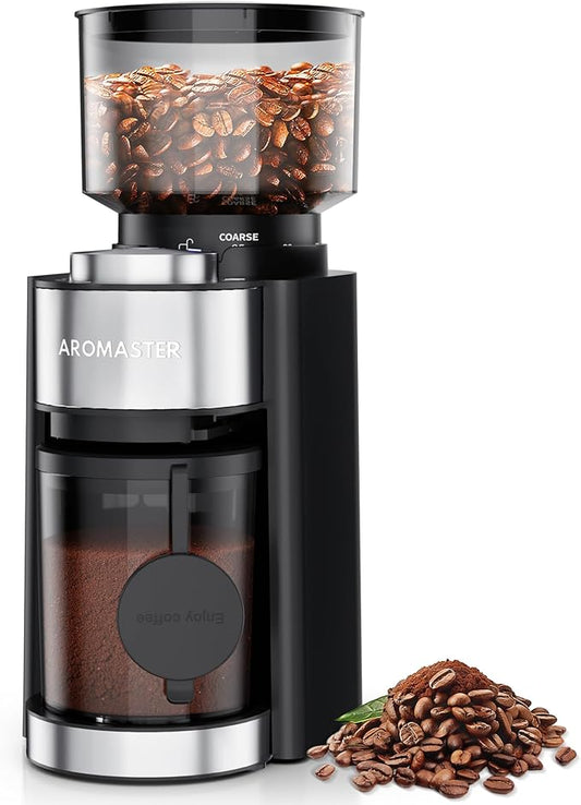 Aromaster Coffee Grinder, Coffee Bean Grinder with 25 Grind Setting, 2-12 Cups Timer, Conical Coffee Grinders for Home Use, Cleaning Brush, 3-Ears Portafilter Holder