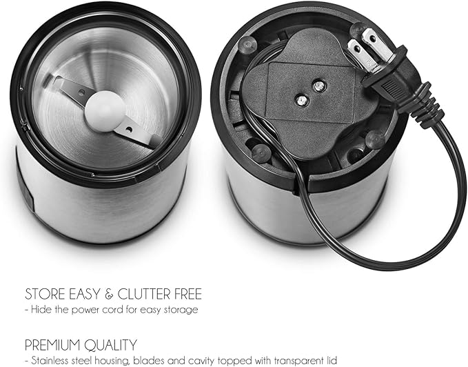 FSM Electric Coffee Grinder and Spice Mill with Safety Lock System – Rustproof Stainless Steel with Transparent Lid and Gripping Base – Grind Whole Beans, Seeds, Nuts, Herbs and Flaxseed -1.76 Oz.