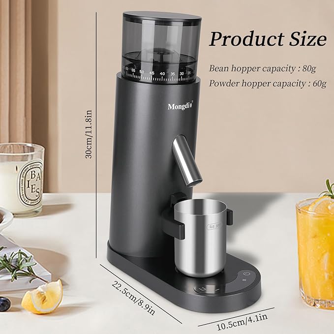 Mongdio Electric Burr Coffee Grinder, Single Dose Burr Coffee Grinder, With 60-Step Grind Settings and 2600mAh Battery, For Drip, French Press, Espresso Moka Pots, Black
