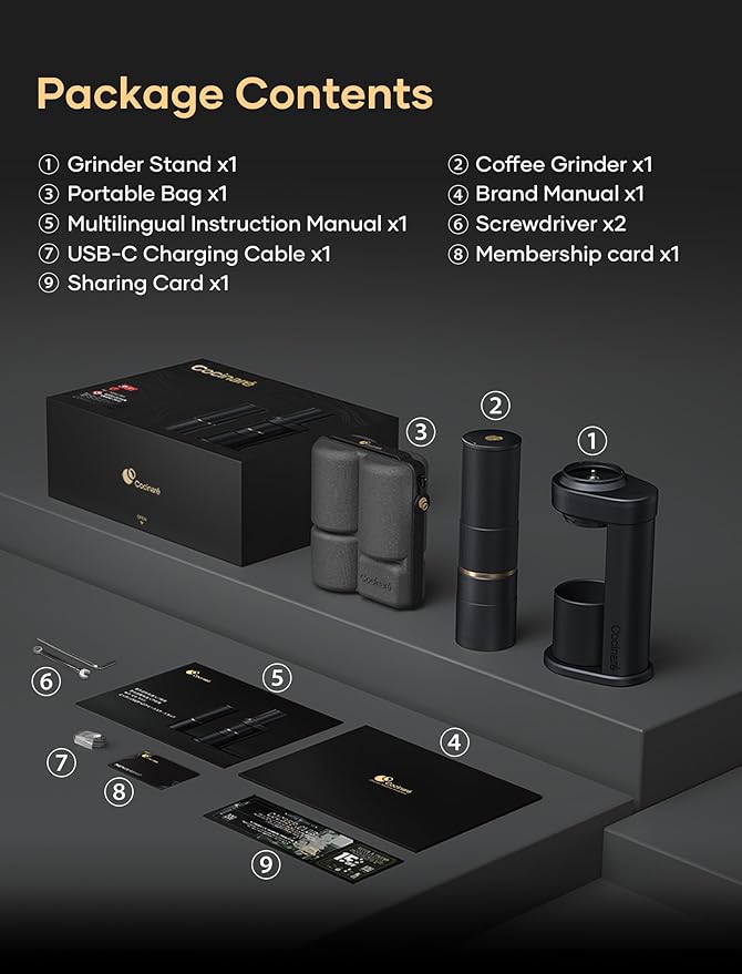Cocinare Coffee Grinder Electric Wireless 2-in-1 Portable & Removable Countertop Kit, Burr Coffee Grinders, for Drip, Espresso & Cold Brew - Black