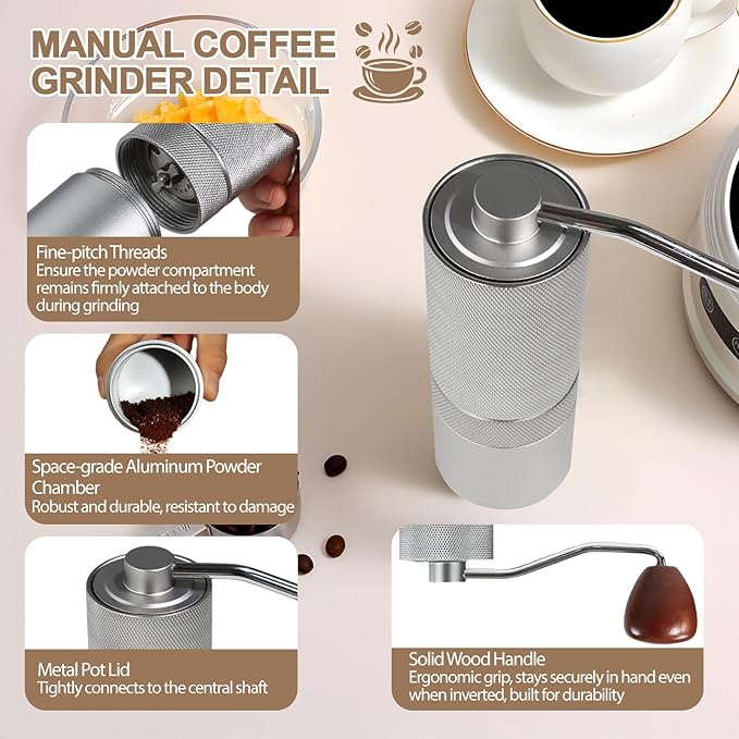 Detachable Manual Coffee Grinder with 25 Level Stainless Steel Conical Burr Portable Aluminum Coffee Bean Grinder Suitable for Moka Pot Espresso French Press Pour Over Maker Easy Cleaning with Brush