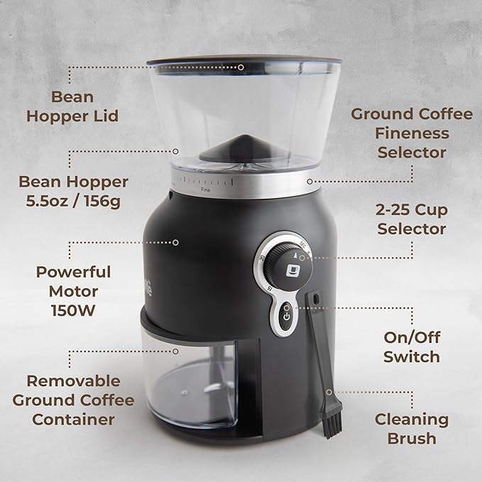Kaffe Electric Burr Coffee Grinder (5.5oz) - Conical Burr - 25 Adjustable Coarseness Levels - Matte Black - Cleaning Brush Included