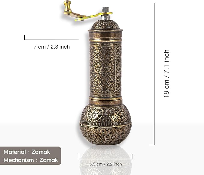 Decorative Handmade Coffee Grinder, Refillable Turkish Spice Mill, Manual Coffee Mill with Handle, Coffee Grinder Metal with Hand Crank 18 cm-7.1 inch (Antique)