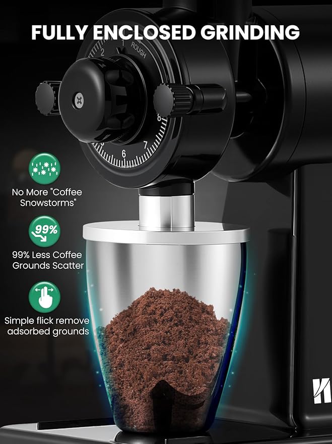 Huanyu Coffee Grinder Electric with Closed Grinding System - 8 Adjustable Settings, Flat Burr Coffee Grinders Anti-Static Design for Dust-Free Home Use