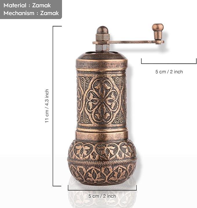 Handmade Decorative Black Pepper Grinder, Refillable Turkish Spice Mill Manual Pepper Mill with Handle, Spice Grinder Metal with Hand Crank 11 cm-4.3 inch