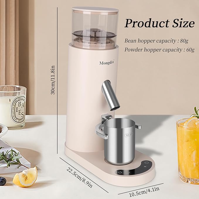 Mongdio Electric Burr Coffee Grinder, Single Dose Burr Coffee Grinder, With 60-Step Grind Settings and 2600mAh Battery, For Drip, French Press, Espresso Moka Pots, White