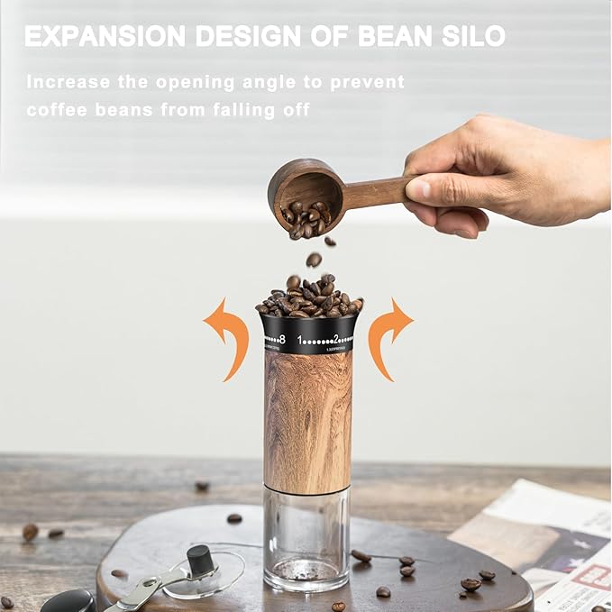 Manual Coffee Grinder with Externally Adjustable 56 Precise Grind Settings,Foldable Long Handle,Wood Grain Body & Ceramic Burr, Portable Coffee Bean Grinder for Espresso,Pour Over,French Press,Travel