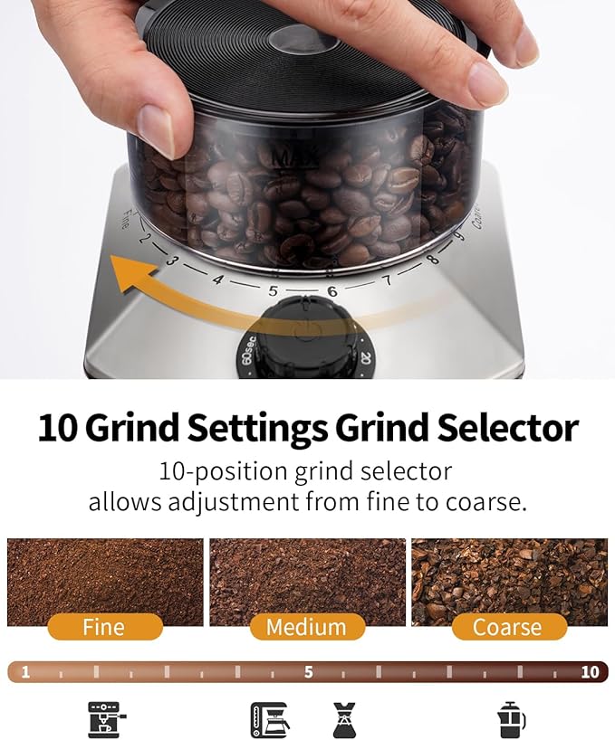 SHARDOR Anti-static Conical Burr Coffee Grinder Electric, Automatic Coffee Bean Grinder for Espresso French Press Drip Coffee Adjustable Burr Mill with 10 Precise Grind Settings for Home Use,