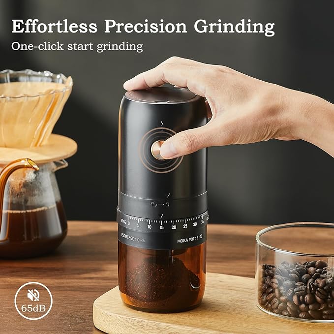 Portable Electric Burr Coffee Grinder by ELMWAY - Rechargeable Mini Coffee Grinder with Stainless Steel Burr & External Coarseness Adjustment, Compact for Travel & Home Use - Black