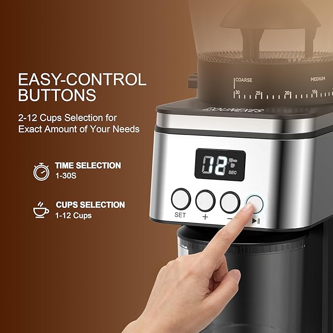 Conical Burr Coffee Grinder, Electric Coffee Grinder with Adjustable Settings, Conical Burr Mill with Easy-Clean Design – for Espresso, Drip, French Press & Cold Brew
