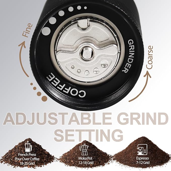 Non-Detachable Manual Coffee Grinder with 25 Level Stainless Steel Conical Burr Portable Aluminum Coffee Bean Grinder Suitable for Moka Pot Espresso French Press Pour Over Easy Cleaning with Brush