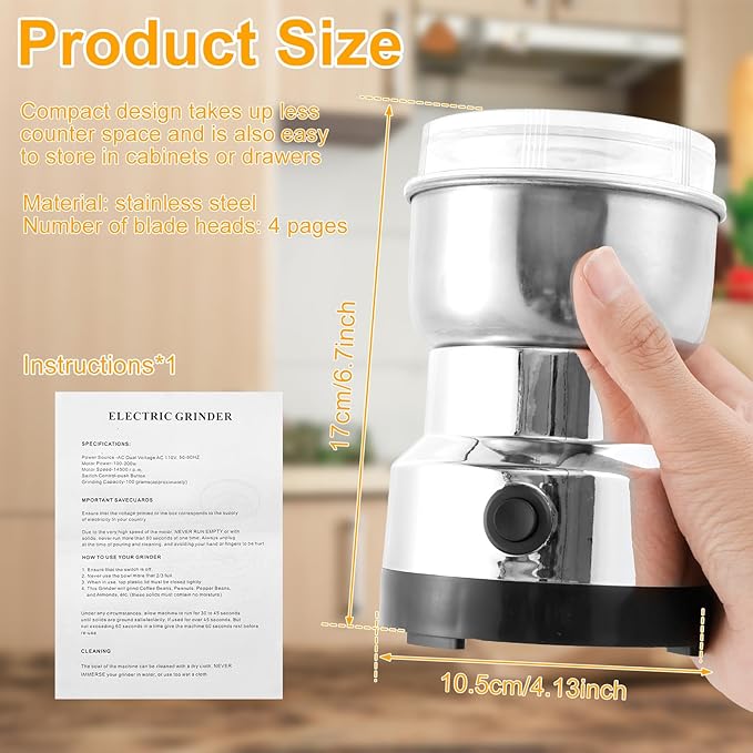 Coffee Grinder Electric, Mini Spice Grinder, Dry Grain Mill, Household Small Powder Grinding Machine, Mini Coffee and Spice Grinder for Spices Seeds Rice Beans Seasonings