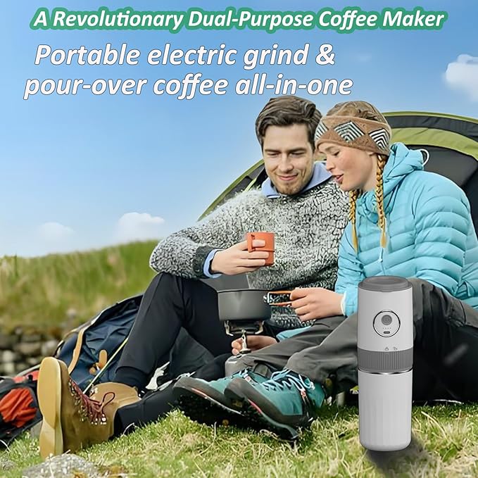 Portable All-in-one Electric Burr Coffee Grinder and Brewing Kit, Rechargeable with Conical Mill & Insulated Stainless Steel Cup, for Camping, Travel, Office, Home Use (White)