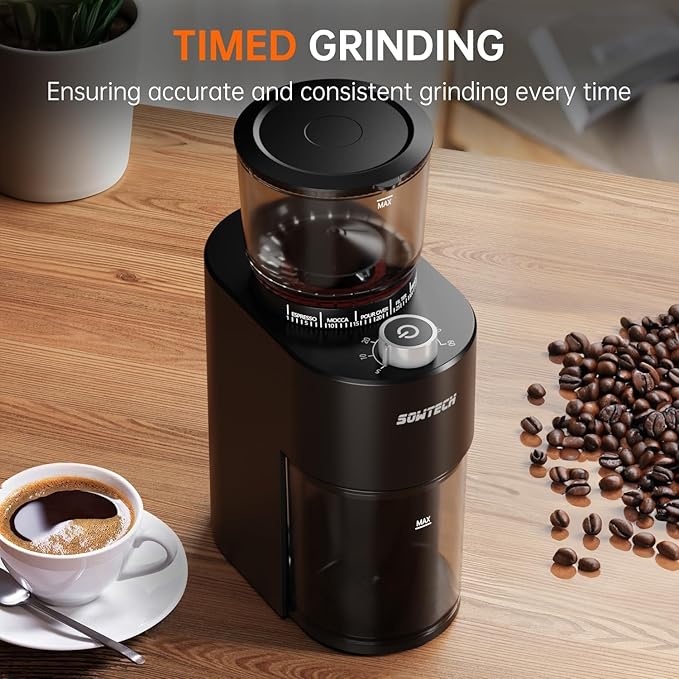 SOWTECH Conical Burr Coffee Grinder, Adjustable Electric Mill, 38 Precise Grind Settings, Precision Timer, for Espresso, Drip and French Press, Home &Office, Black