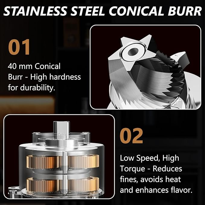 Conical Burr Coffee Grinder Electric, Espresso Coffee Bean Grinder for Home Use with 48 Precise Grind Settings, Anti-static Design, Precision Timer, Sliver