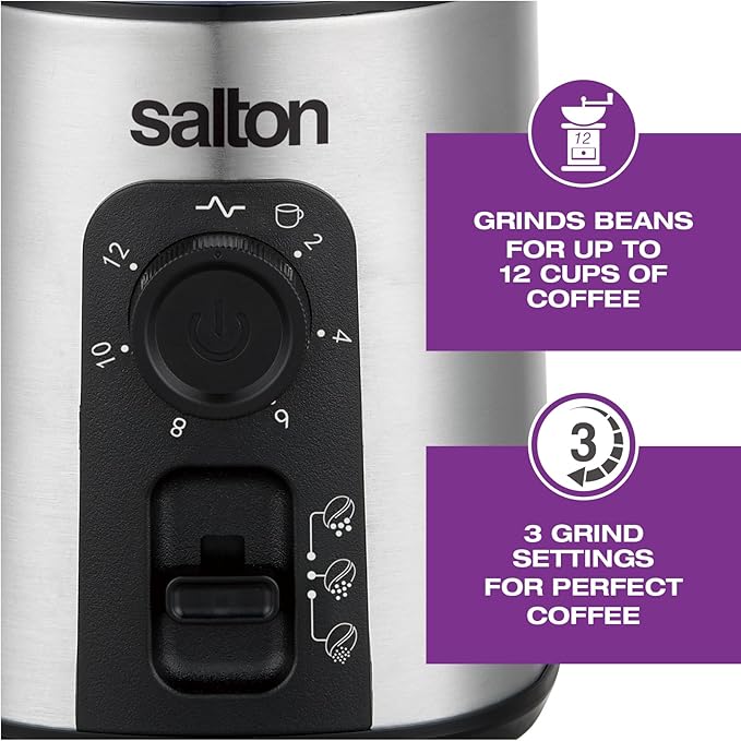 Salton Stainless Steel Smart Coffee Grinder, Electric Blade for Ground Coffee, Spices, Herbs, Nuts with Stainless Steel Blade, 80g/12 cup capacity (CG2123)