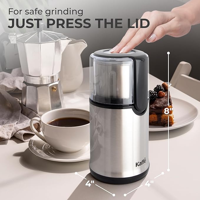 Kaffe Electric Coffee Grinder with Removable Cup (3.5oz) - Stainless Steel - Cleaning Brush Included - Espresso Coffee Bean Grinder for Home Use