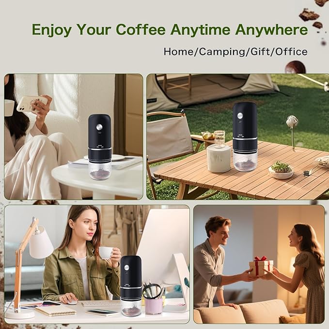 Portable Burr Coffee Grinder, Rechargeable Electric Coffee Bean Grinder with Adjustable Coarseness, Cordless Small Espresso Coffee Mill for Home Use, Travel, Camping, Office (Black)
