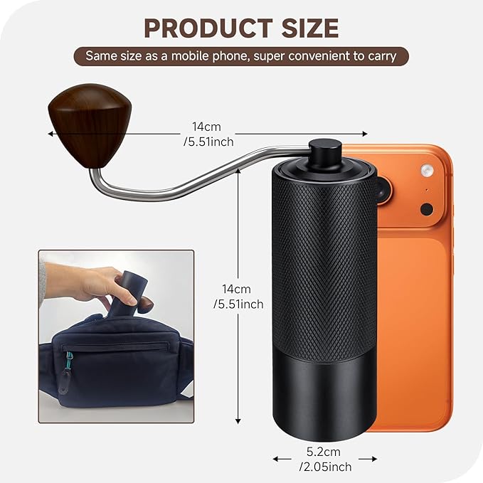Manual Coffee Grinder, Stainless-Steel Burr Hand Crank, Adjustable Grind for Espresso, Pour Over, French Press, Quiet Portable Travel Coffee Bean Grinder, Easy Clean (Black)