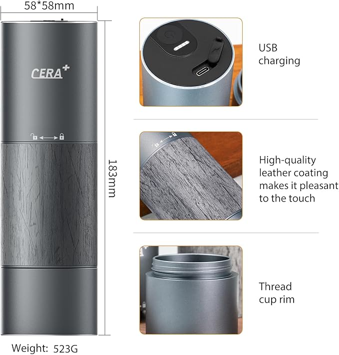 CERA+ Portable Burr Coffee Grinder Electric Espresso Grinder Machine Suitable for Travel,Camping,Hiking with Bag,Gold