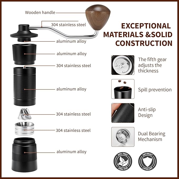 manual coffee grinder with case,portable,ease of use,larger capacity,easy to clean,durability,home，travel ，camping,Black