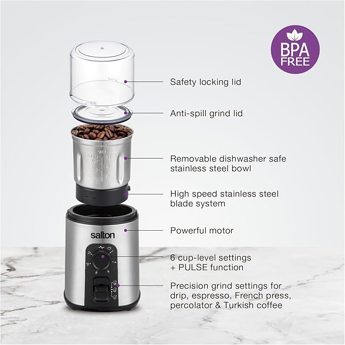 Salton Stainless Steel Smart Coffee Grinder, Electric Blade for Ground Coffee, Spices, Herbs, Nuts with Stainless Steel Blade, 80g/12 cup capacity (CG2123)
