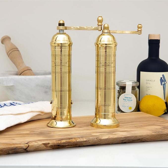 The Original Greek Pepper Mill 8 Inch Tall | European Pepper Mill Grinder with Crank Handle | Manual Pepper Grinder | Peppercorns Refillable - Brass