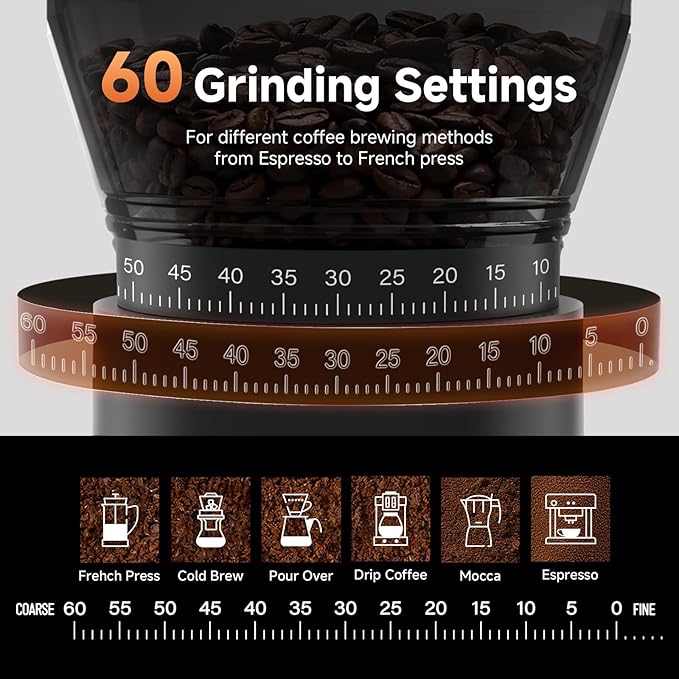 AAOBOSI Coffee Grinder, Cordless Coffee Bean Grinder with 60 Grind Settings,Conical Burr Coffee Grinder Suitable for Indoor Home,Office & Outdoor Camping,Travel Use,Anti-Static,5-98s Timer.