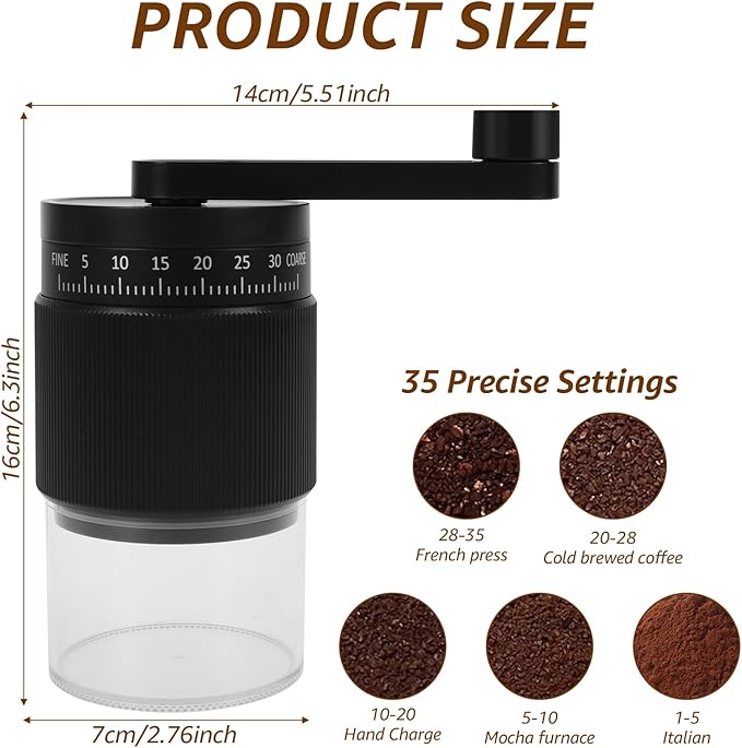 Manual Coffee Grinder, Adjustable Coarse to Fine, Portable Hand Crank Coffee Bean Mill with 35 Adjustable Settings for Espresso French Office Home Camping(black)